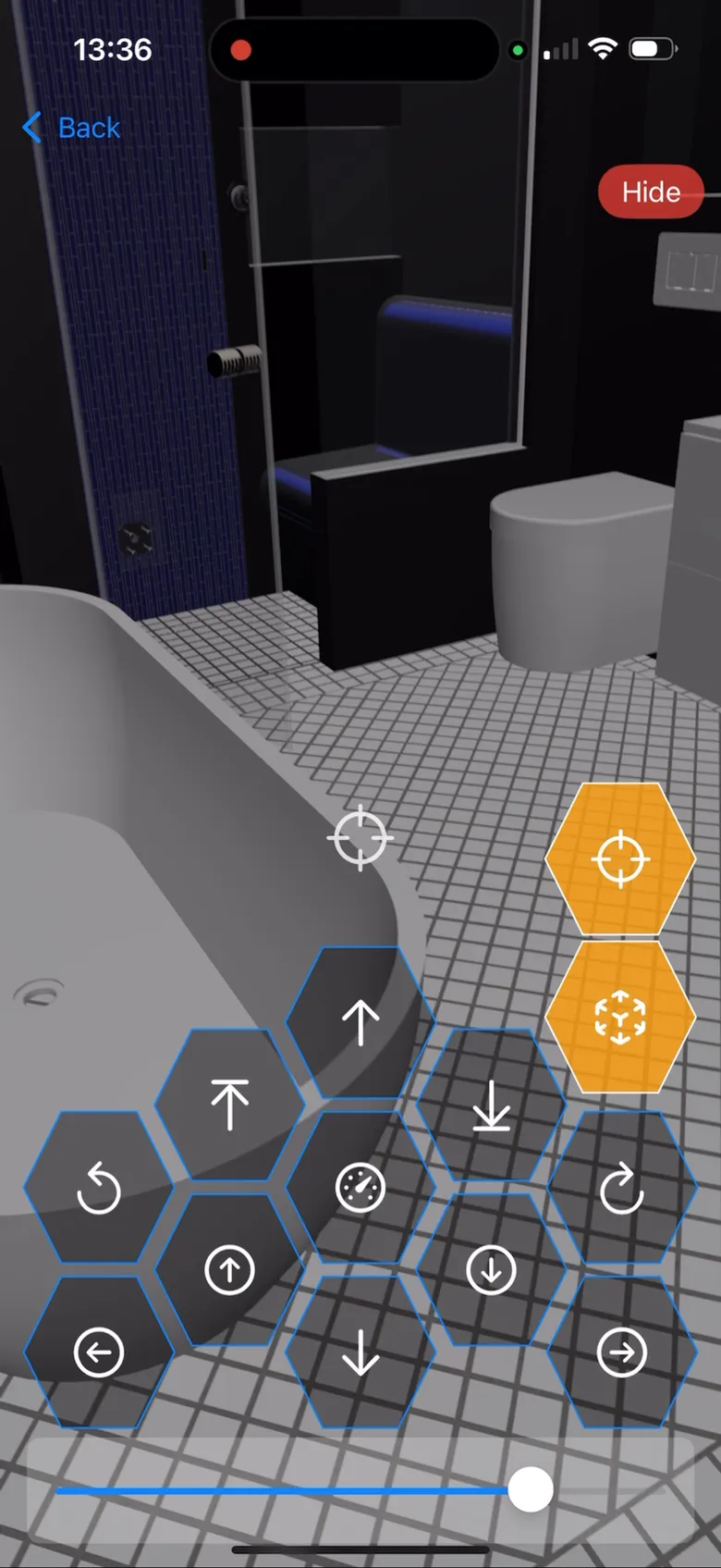 HxAR controls arranging a three-dimensional bathroom scene in augmented reality