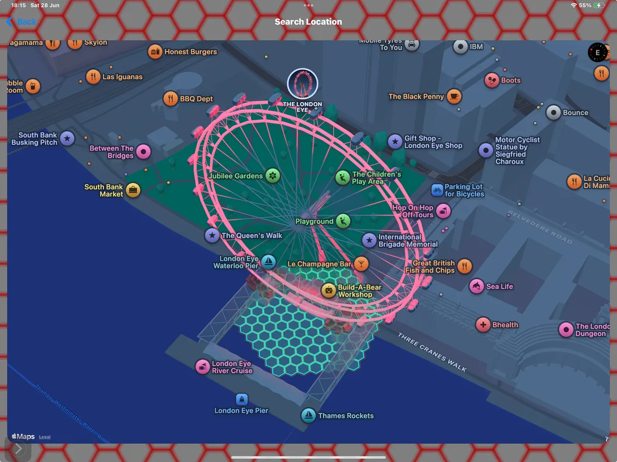 Released HxAR 1.x Search Location screen showing a virtual HexTile grid beside the London Eye