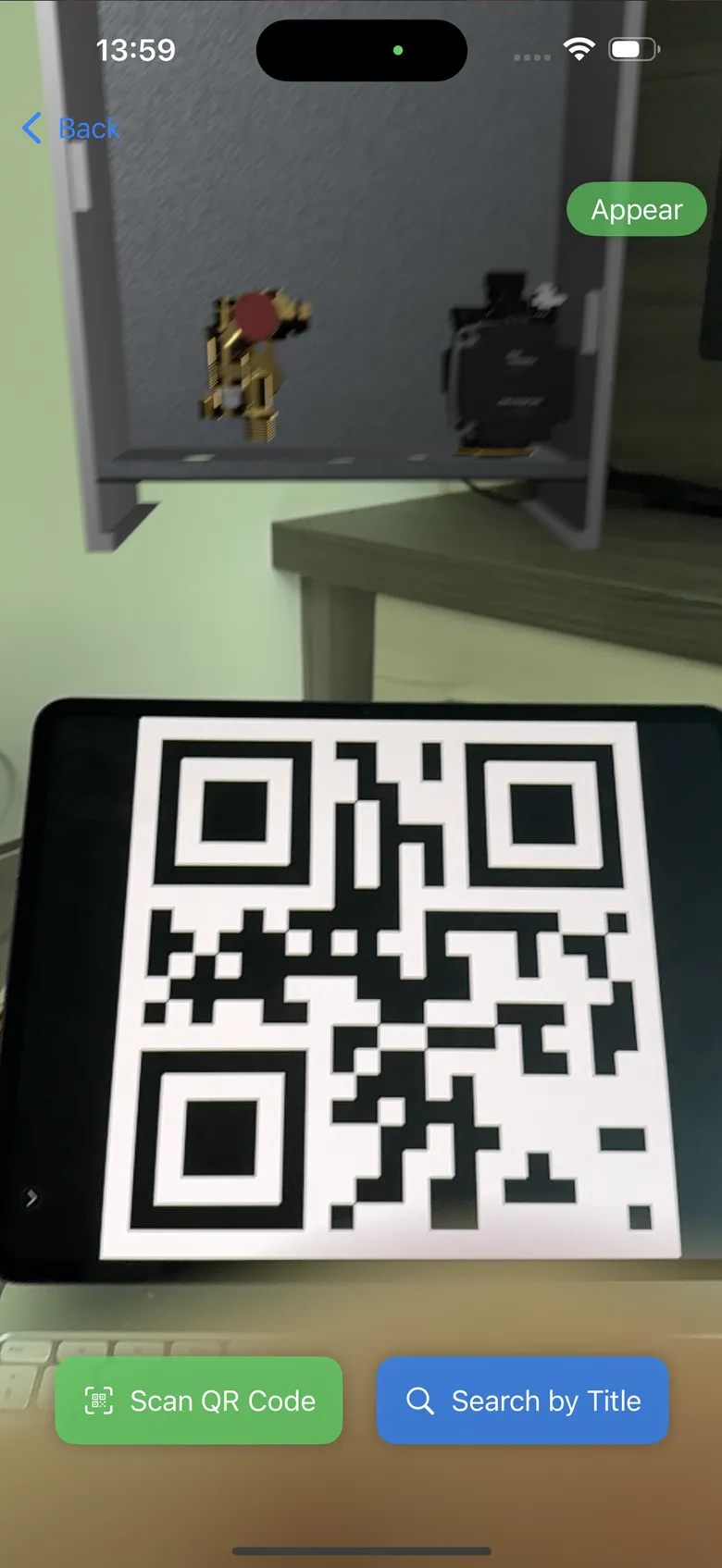 HxAR showing an augmented-reality model above a QR code