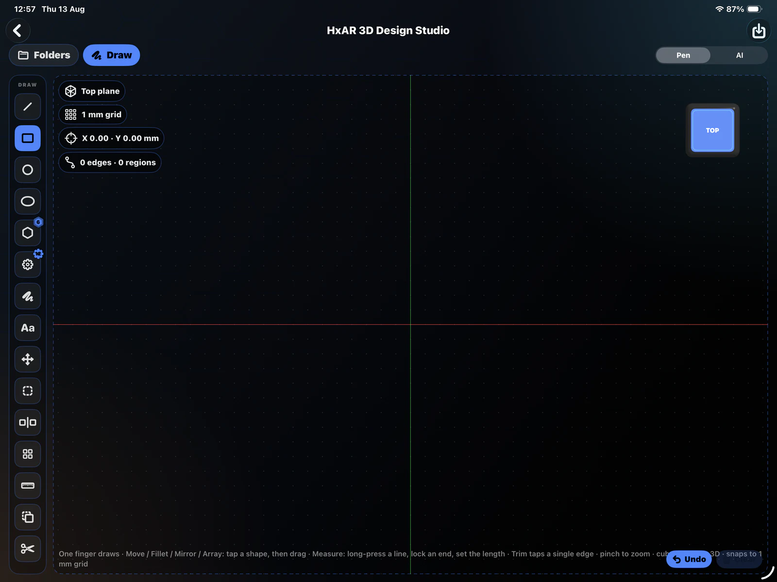 HxAR 3D Design Studio development screen showing a top-plane drawing grid, shape tools, and Pen and AI modes