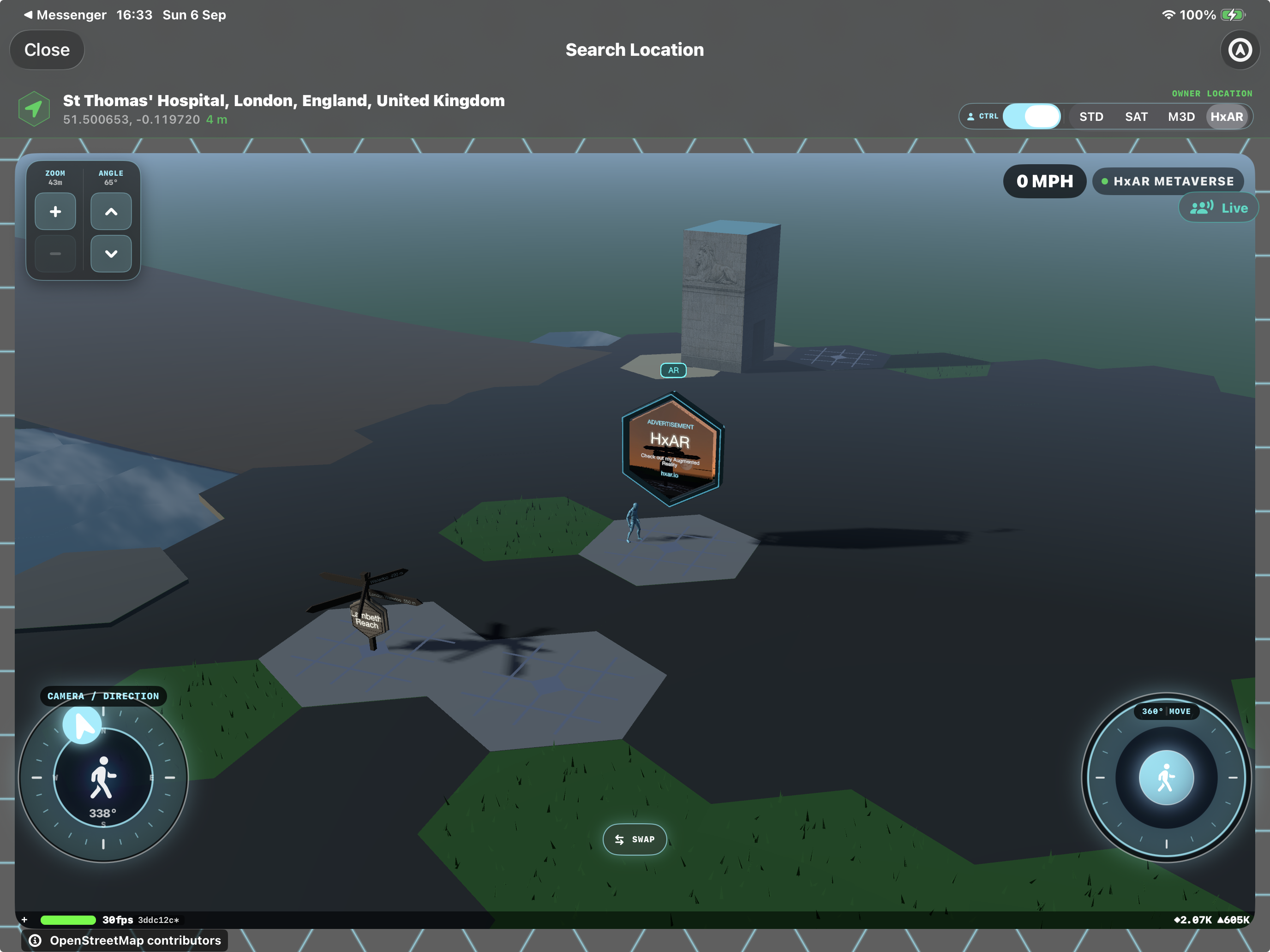 HxAR 2.1 preview on iPad showing a floating hexagonal ADVERTISEMENT board, an AR badge, a nearby Sign Post and an Avatar on Public Plaza HexTiles.