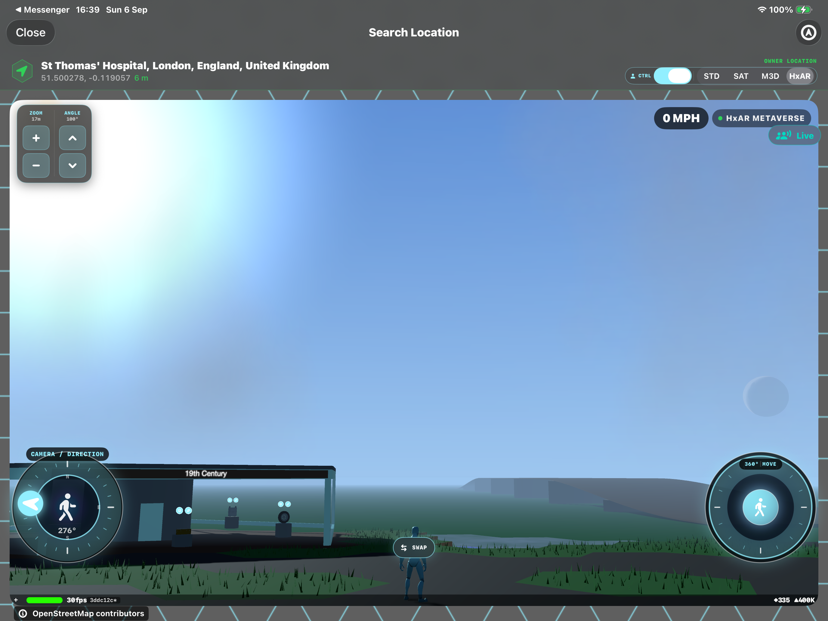 HxAR 2.1 Metaverse camera angled towards a daytime blue sky with bright sunlight and a visible Moon above a virtual shop and Avatar.