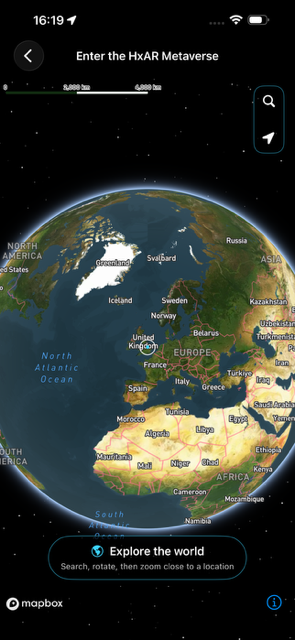 HxAR 2.1 World View on iPhone: a 3D Earth centred on Europe and Africa, with search and current-location controls, an Explore the world prompt and Mapbox attribution.
