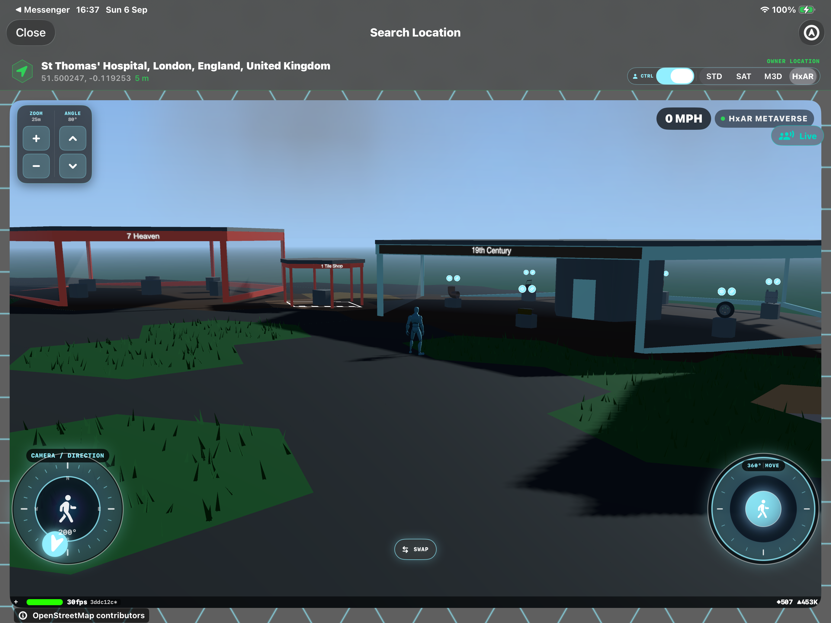 HxAR 2.1 preview on iPad showing a small open stall and larger glass shops with business names, product displays, AR and link symbols, and an Avatar.