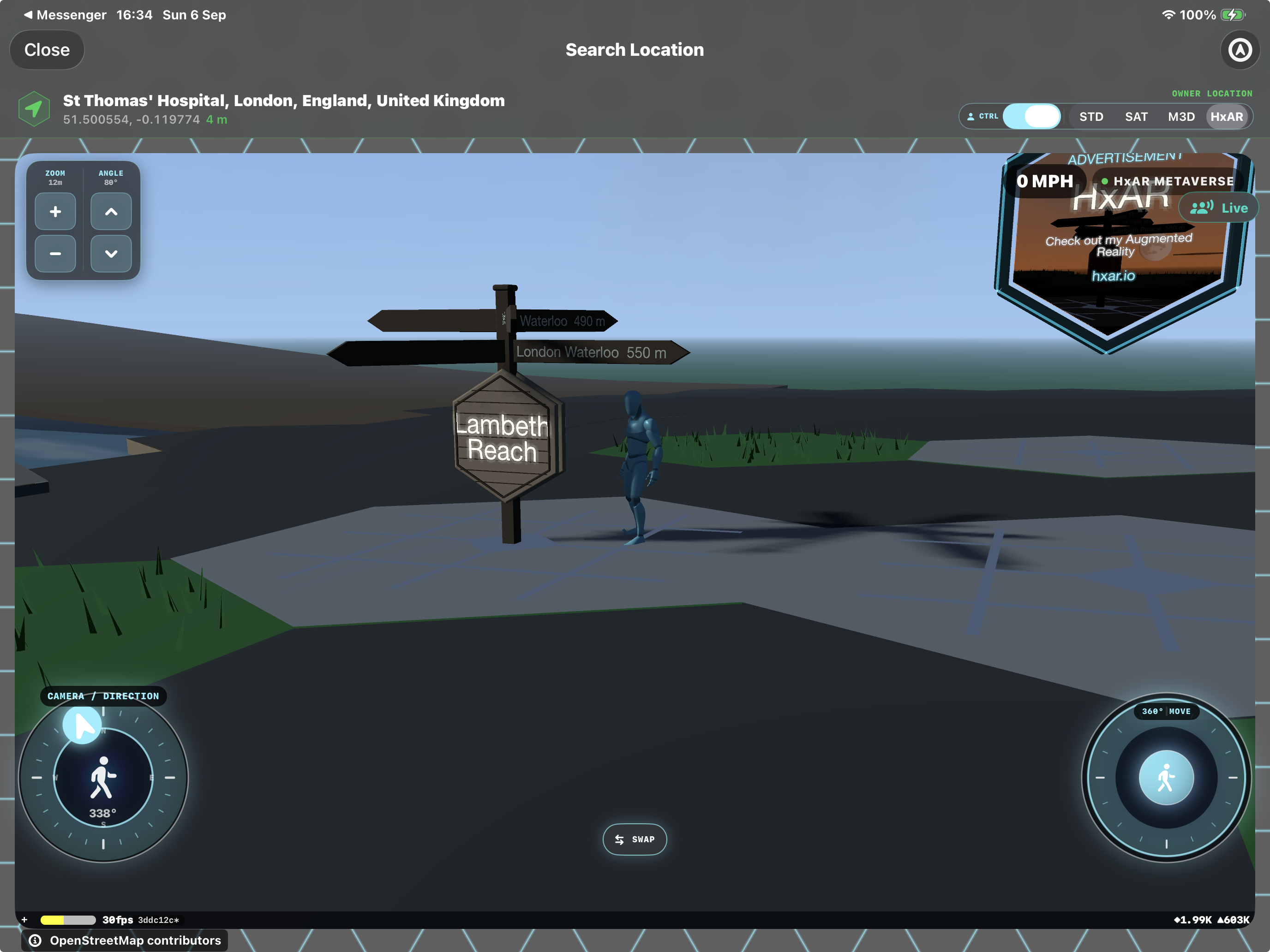 HxAR 2.1 preview showing a wooden Sign Post labelled Lambeth Reach, directional arms to Waterloo and London Waterloo, an Avatar and a nearby Advert Board.