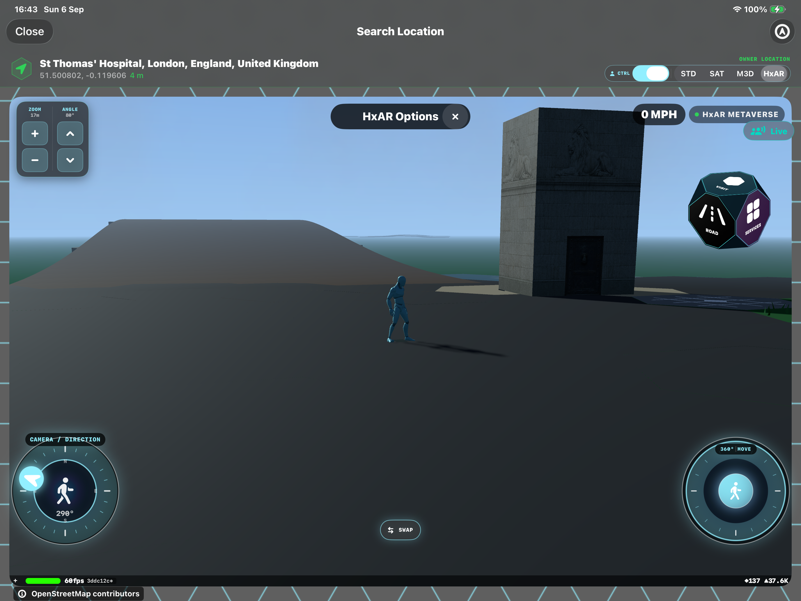 HxAR 2.1 Search Location showing the HxAR Options heading and rotating cube with Visit, Road and Services faces beside an Avatar and mapped building.