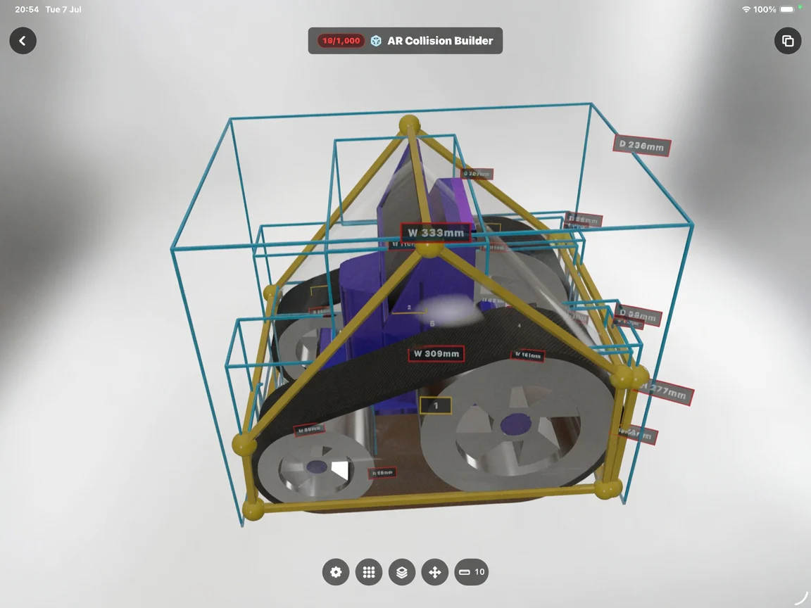 HxAR AR Collision Builder showing cyan collision boxes, yellow point geometry and dimension labels around a mechanical 3D model