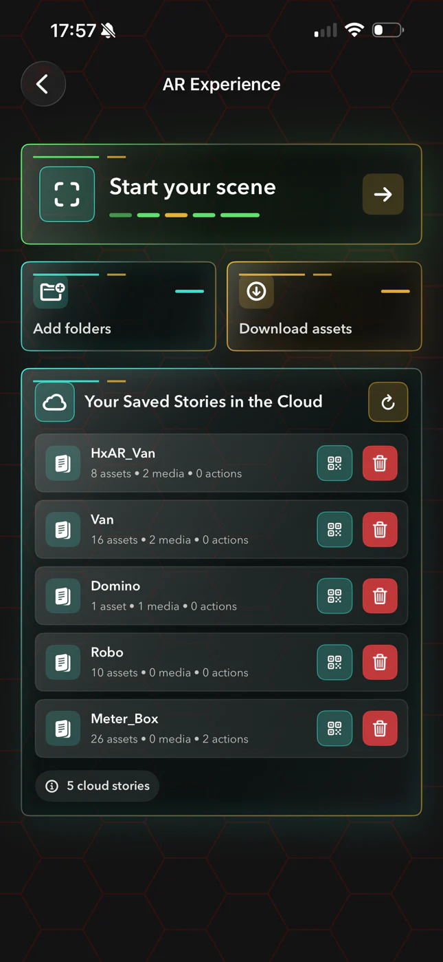 HxAR 2.0 AR Experience hub leading into the scene editor where information labels and the Time Machine CALL marker are configured.