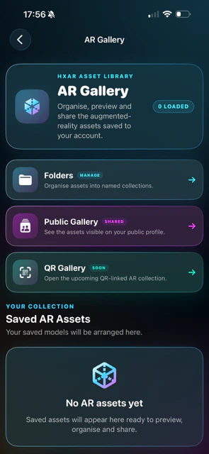 HxAR 2.0 AR Gallery showing Folders, Public Gallery, QR Gallery and an empty Saved AR Assets collection.