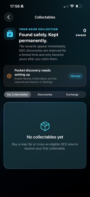 HxAR 2.0 Collectables screen showing zero owned items, the My Collectables, Discoveries and Exchange tabs, and the no-collectables empty state.