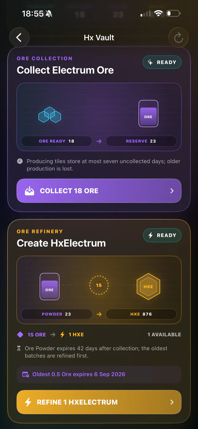 HxAR 2.0 Hx Vault showing Collect Electrum Ore and Refine 1 HxElectrum controls.
