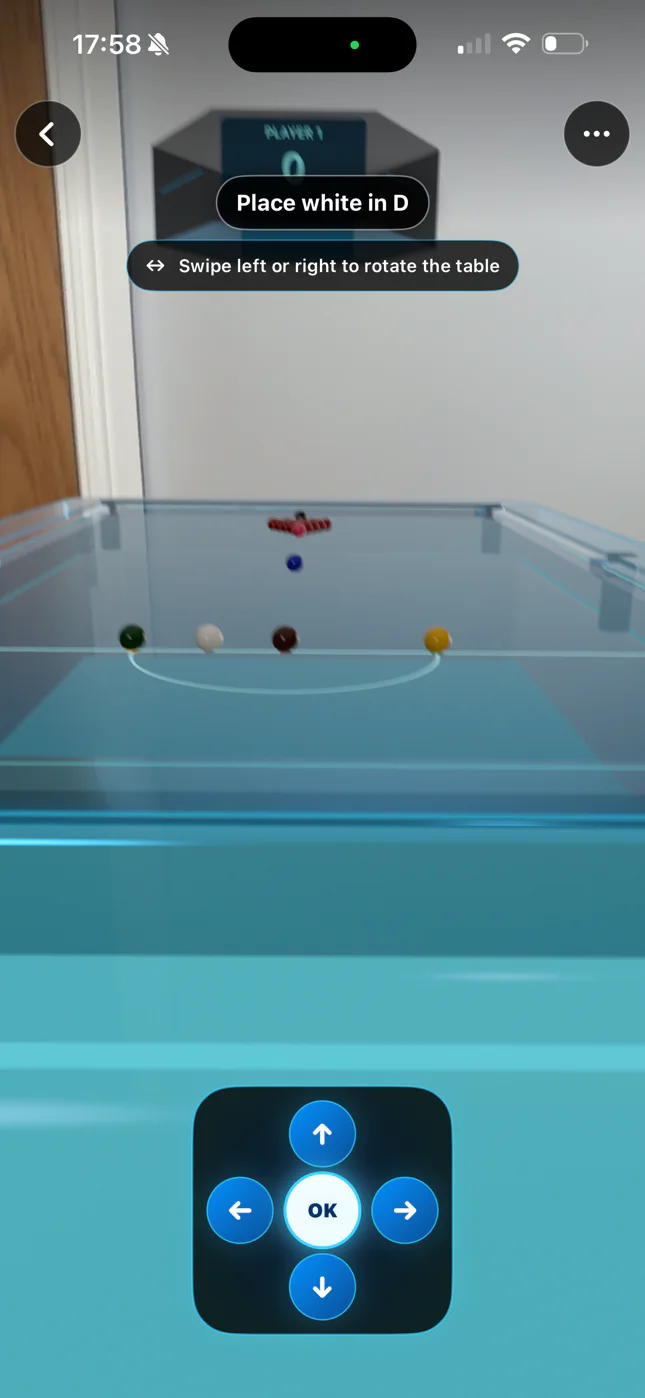 Life-size HxAR snooker table in augmented reality with table rotation and white-ball placement controls.