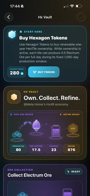 HxAR 2.0 Hx Vault with the Buy Tokens control and virtual-resource overview.