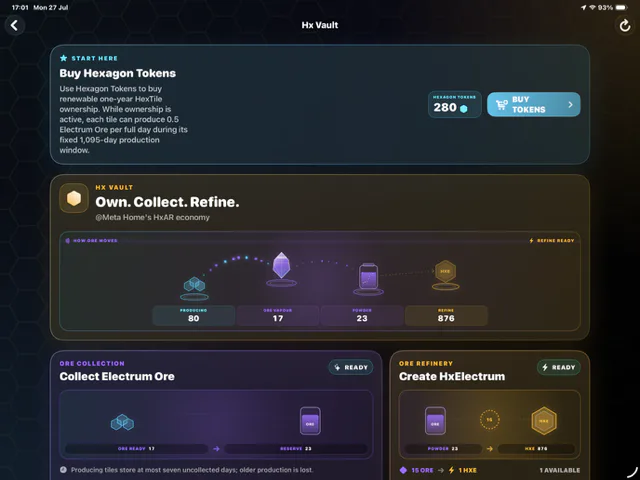 Hx Vault showing a Hexagon Token balance and the Collect Electrum Ore and Create HxElectrum panels