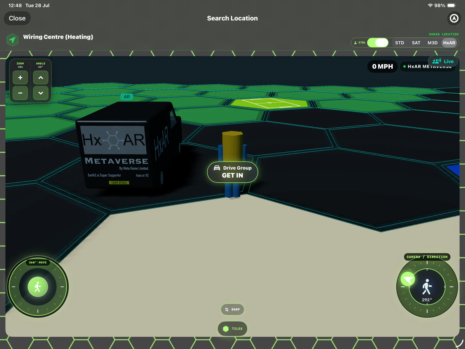 HxAR Metaverse Property Visit with a walking avatar, a virtual van and differently styled HexTiles.