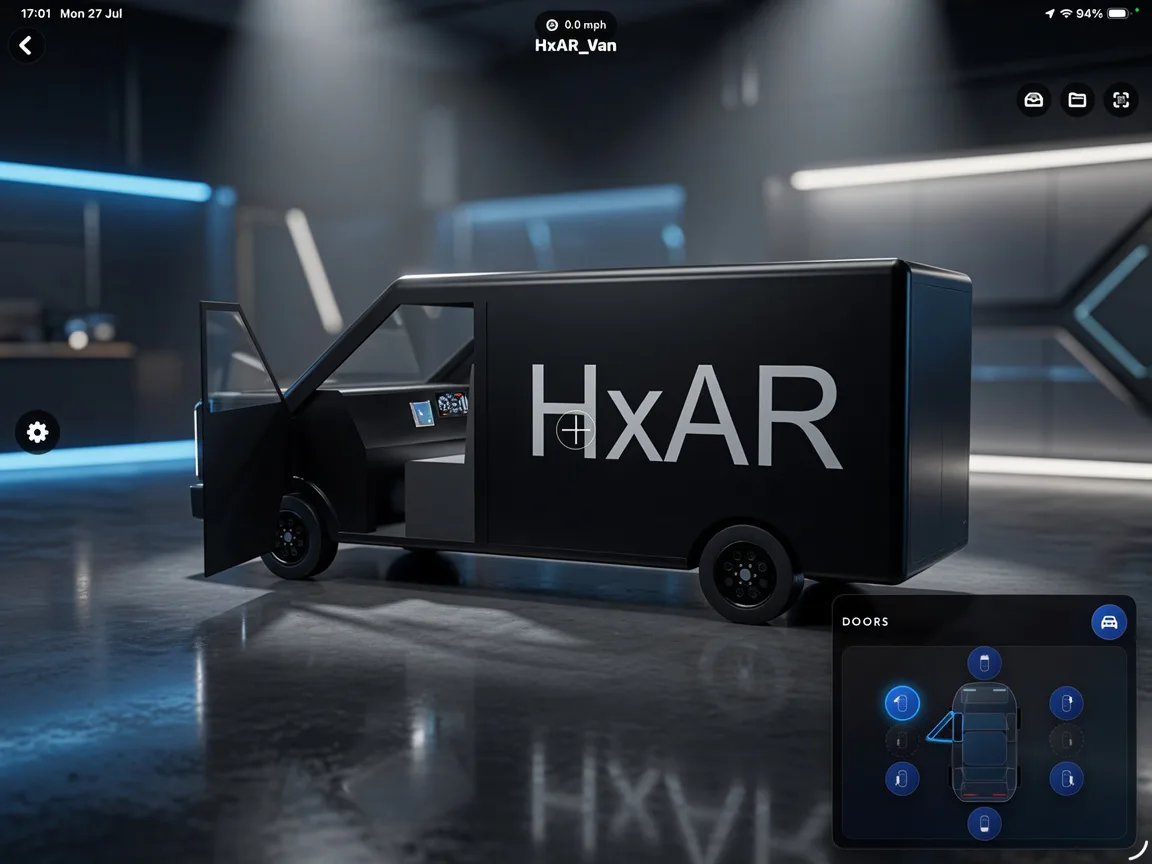 Experimental HxAR vehicle scene showing a black HxAR-branded van with its front door open and an on-screen door-control panel