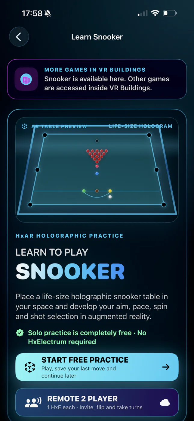 HxAR 2.0 Learn Snooker screen showing free solo practice and the Remote 2 Player option costing 1 HxElectrum each.