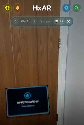 HxAR 2.0 dashboard showing the orange Notifications button and an empty AR notification card with navigation, Open, All and Close controls.
