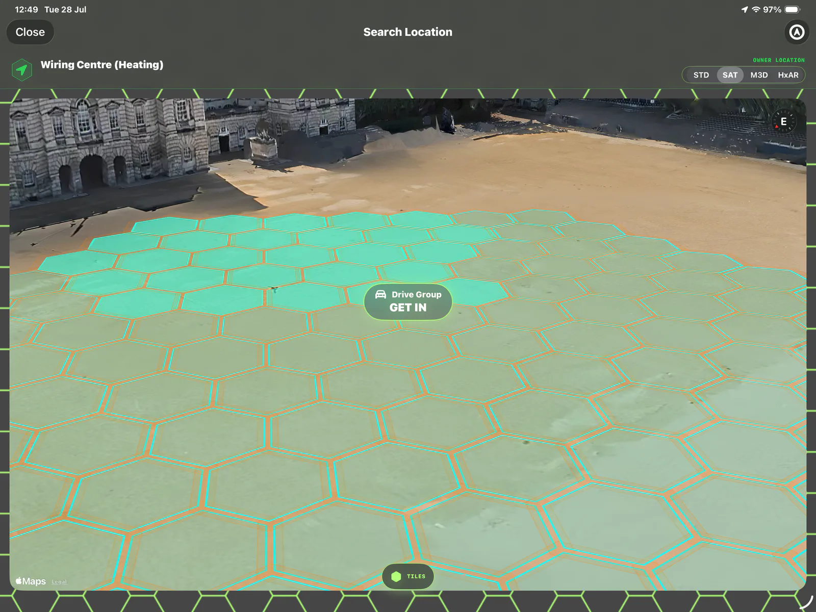 HxAR Property Visit with SAT selected, showing Apple satellite imagery beneath a cyan virtual HexTile grid.