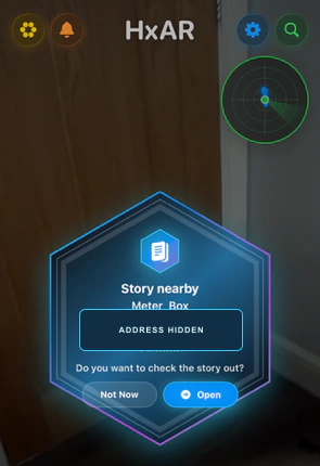 HxAR dashboard showing a Story nearby prompt with its location redacted.