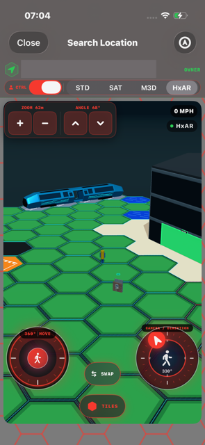 HxAR 2.0 Search Location in HxAR mode showing a blue virtual Train, an owner label, a HexTile grid, an avatar and movement controls; the exact tile and coordinates are covered.