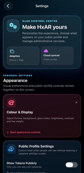 HxAR 2.0 Settings screen showing the control centre, appearance and public-profile options.