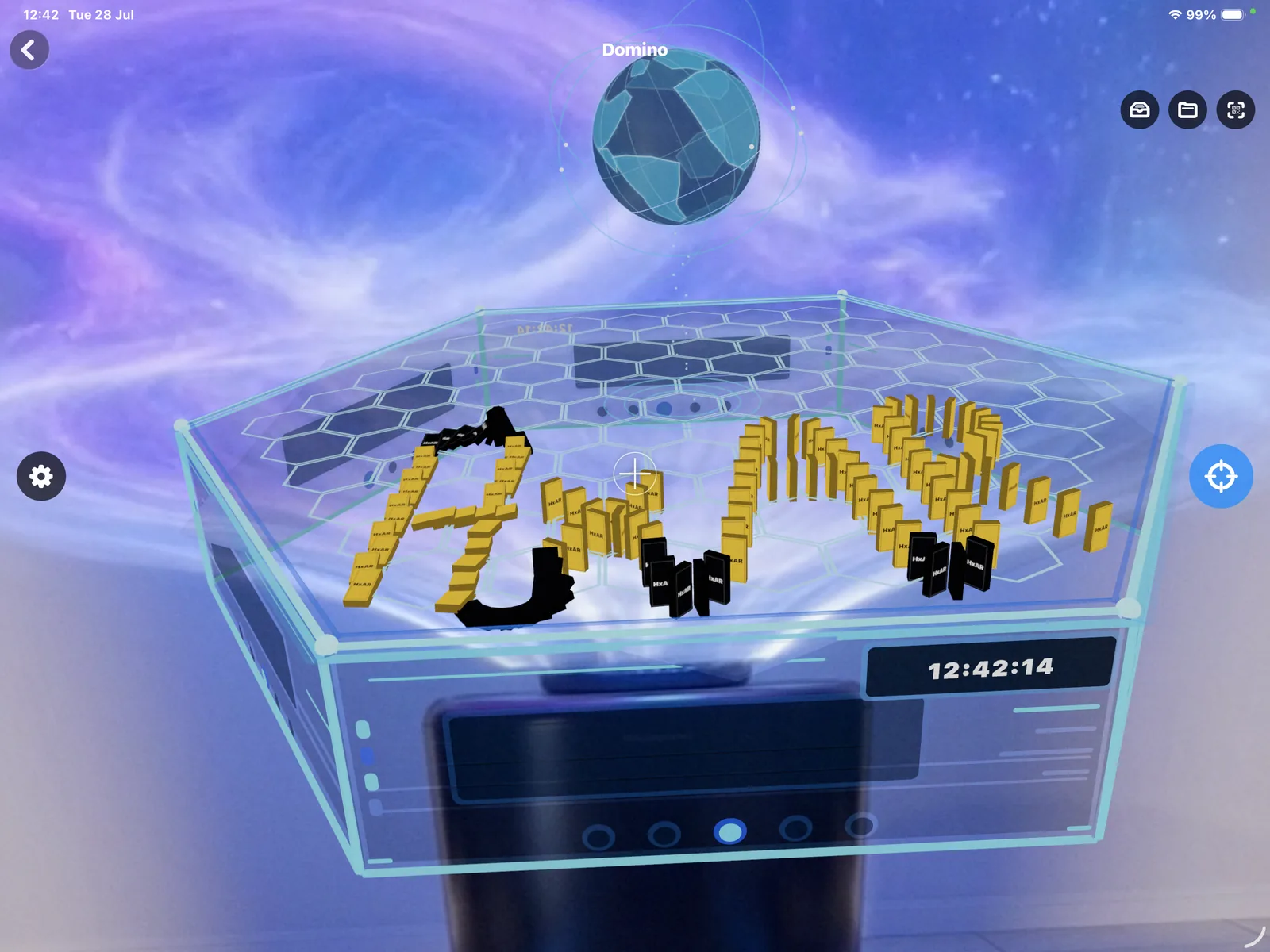 HxAR Shared Story showing yellow and black domino runs inside a holographic augmented-reality platform.