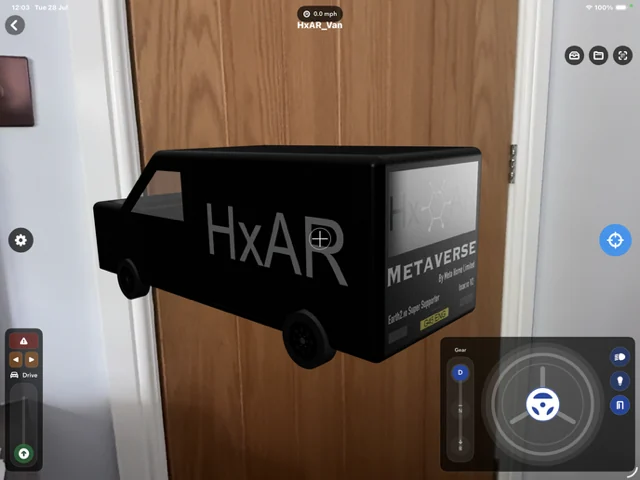 HxAR Shared Story showing a black virtual van in augmented reality with steering, gear and Drive Group controls.