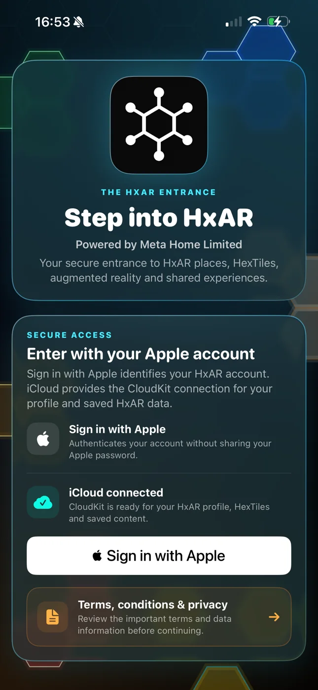 HxAR entrance showing iCloud connected, Sign in with Apple and the Terms, conditions and privacy link.
