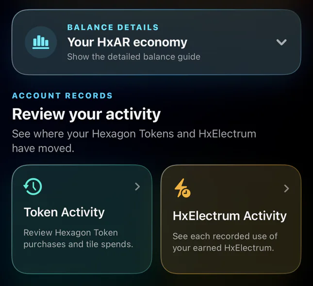 HxAR 2.0 Hx Vault showing Balance Details, Token Activity and HxElectrum Activity.