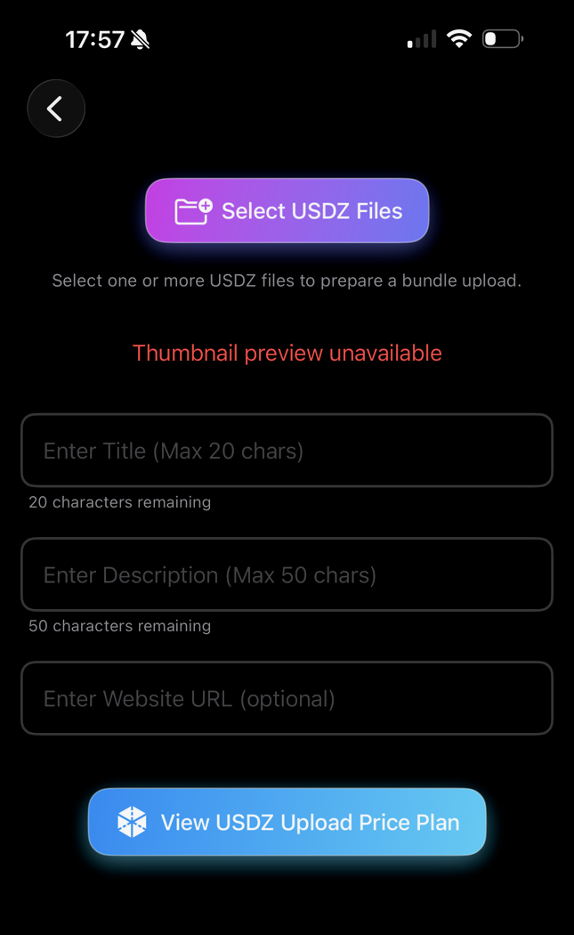 HxAR 2.0 Upload AR Assets screen showing Select USDZ Files, title, description, optional website URL and the USDZ Upload Price Plan.