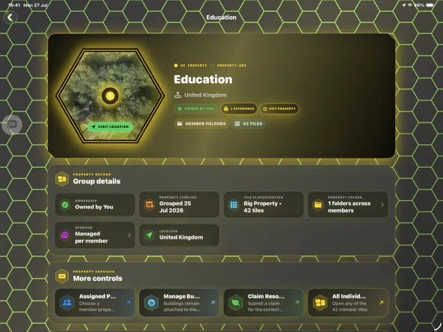 HxAR Education virtual-property screen showing in-app status, group details, member folders and 42 HexTiles
