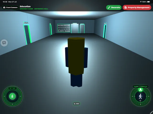 HxAR property interior showing a block-style avatar in an entrance hall with property and movement controls