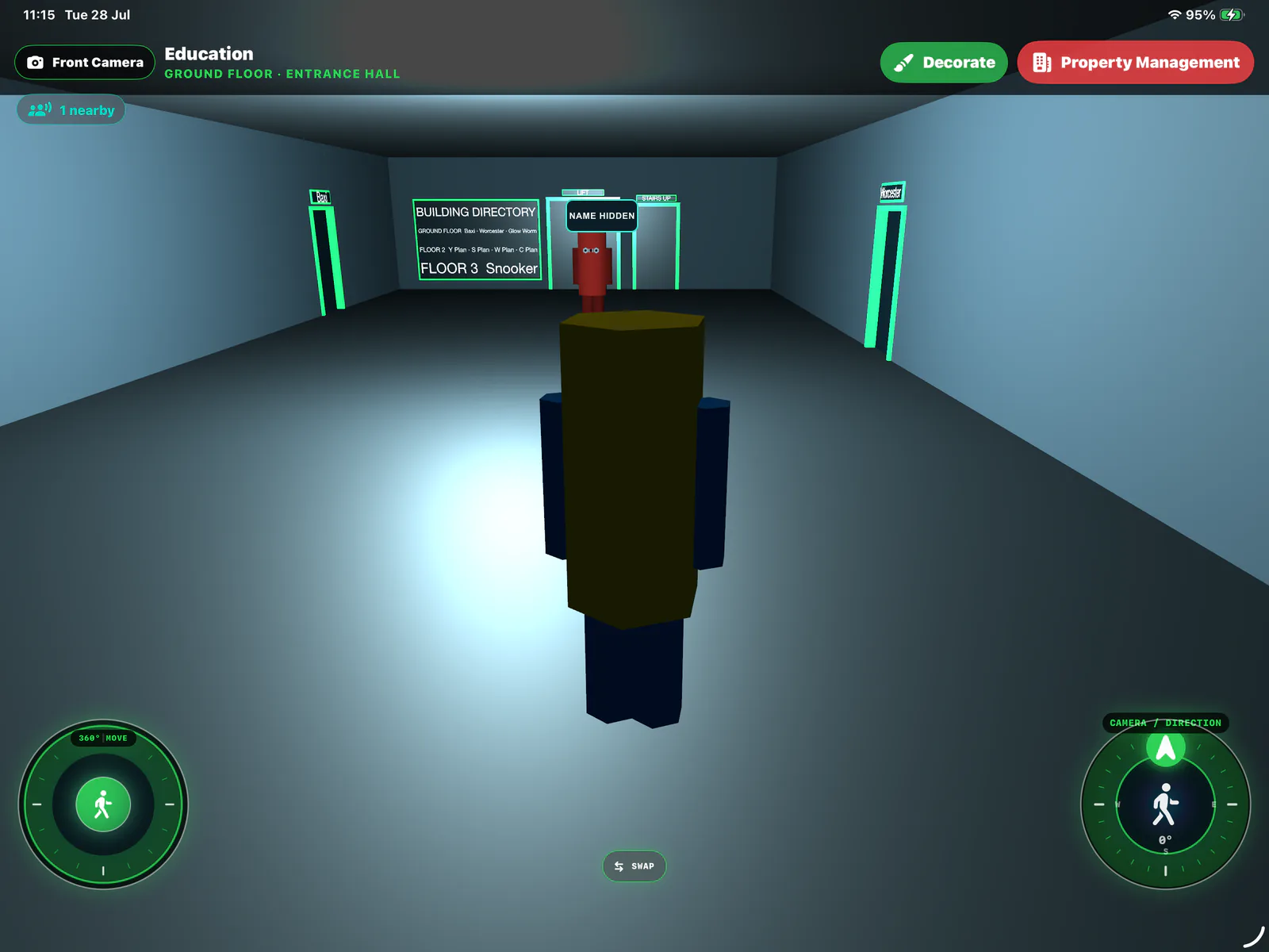 HxAR 2.0 VR Building entrance hall with a room directory, lift, stairs, nearby-player badge and walking controls; a display name is hidden.