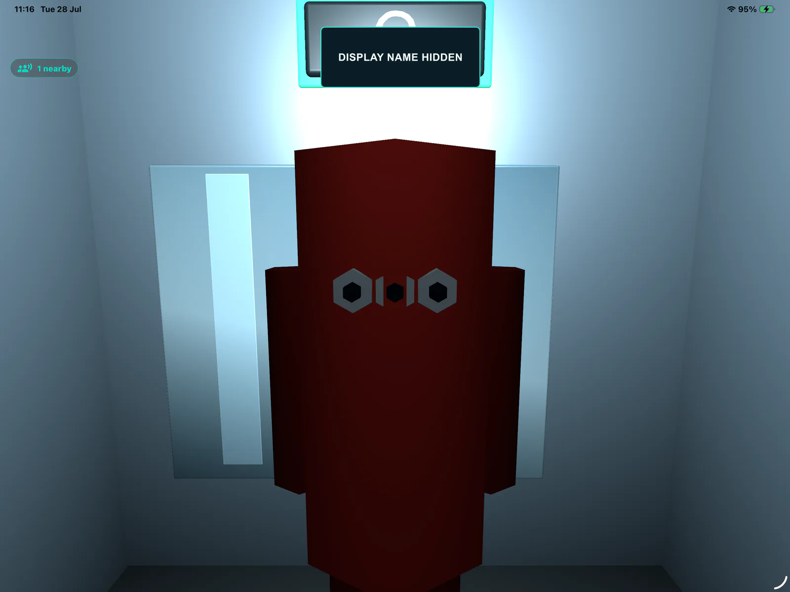 Close view of an HxAR VR Building visitor avatar by a lift, with the nearby-player status visible and the display name hidden.