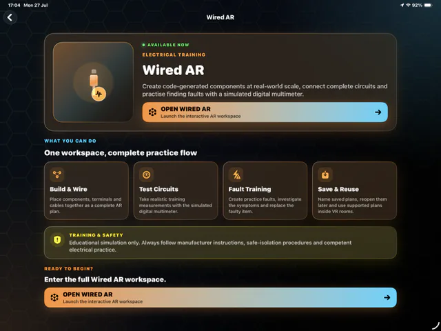Wired AR overview listing Build and Wire, Test Circuits, Fault Training and Save and Reuse practice modes