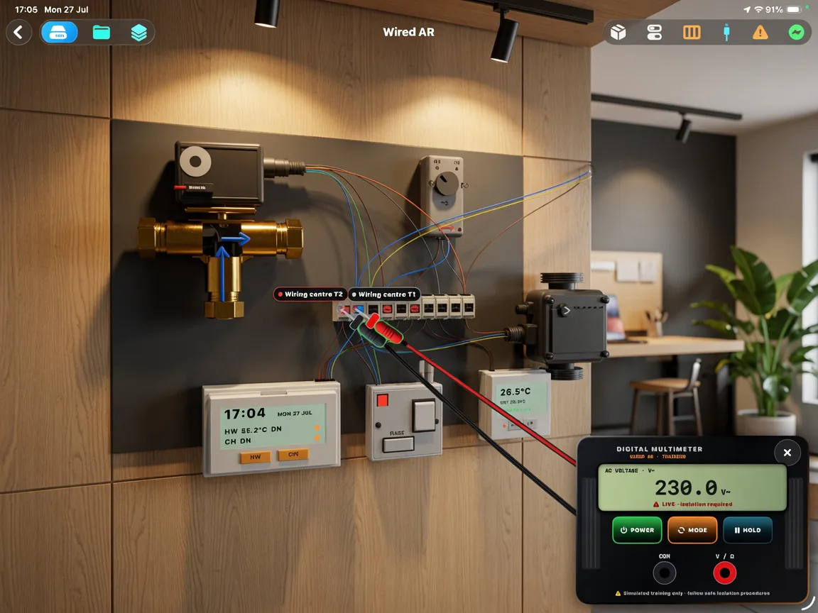 Wired AR simulation showing a virtual heating and wiring panel, test leads and a simulated digital multimeter reading 230 volts