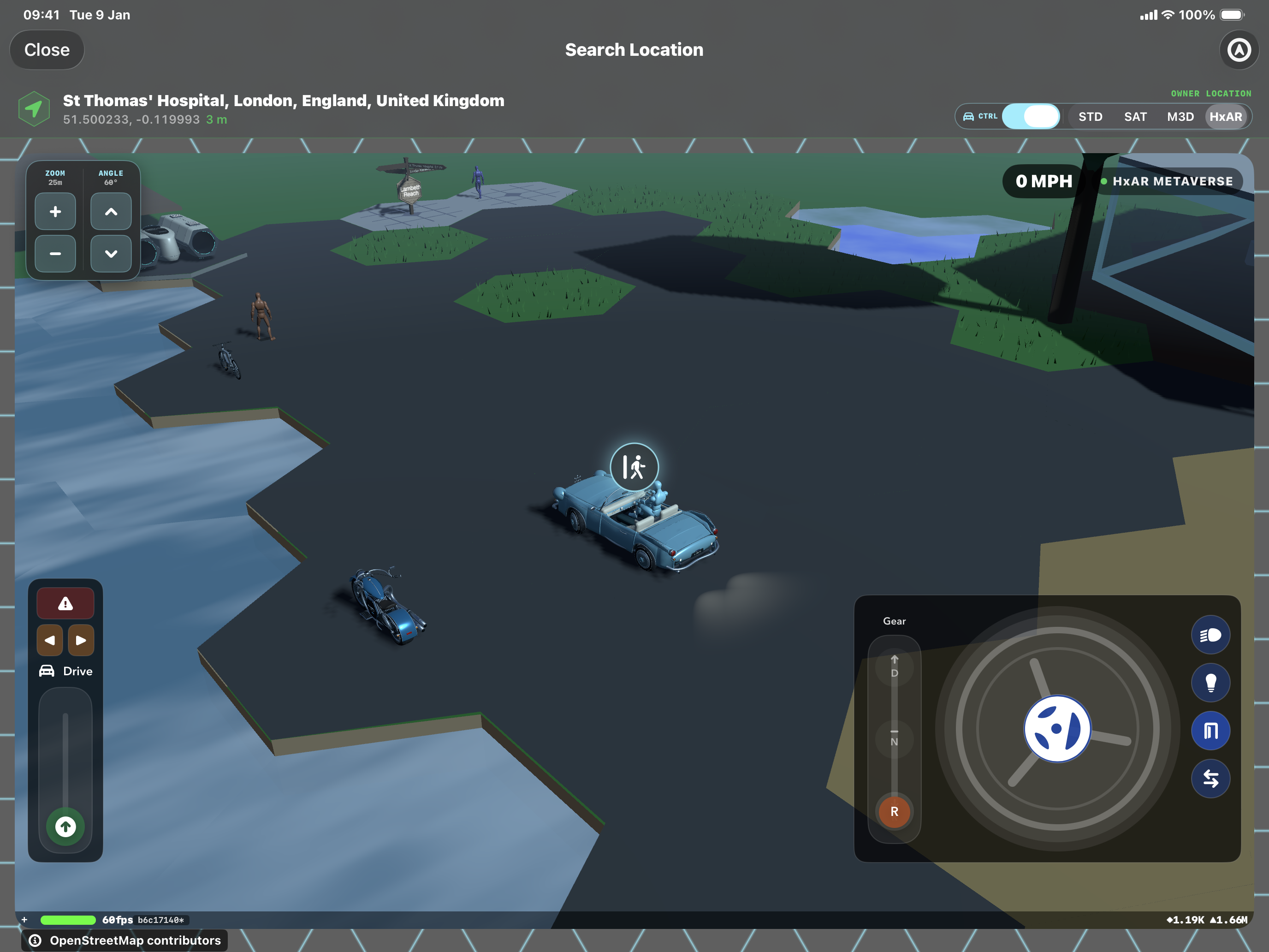 A blue vintage car and motorbike in the HxAR Metaverse near St Thomas’ Hospital, with the selected car’s steering wheel, gear selector, Drive and lighting controls visible.