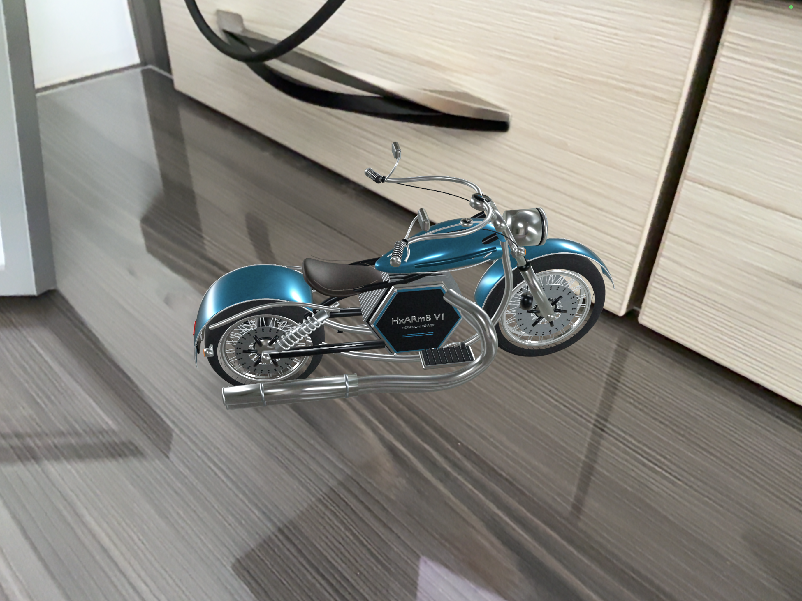 A blue and silver HxARmB V1 motorbike Collectable displayed in augmented reality on a real room’s floor beside wooden cupboards.