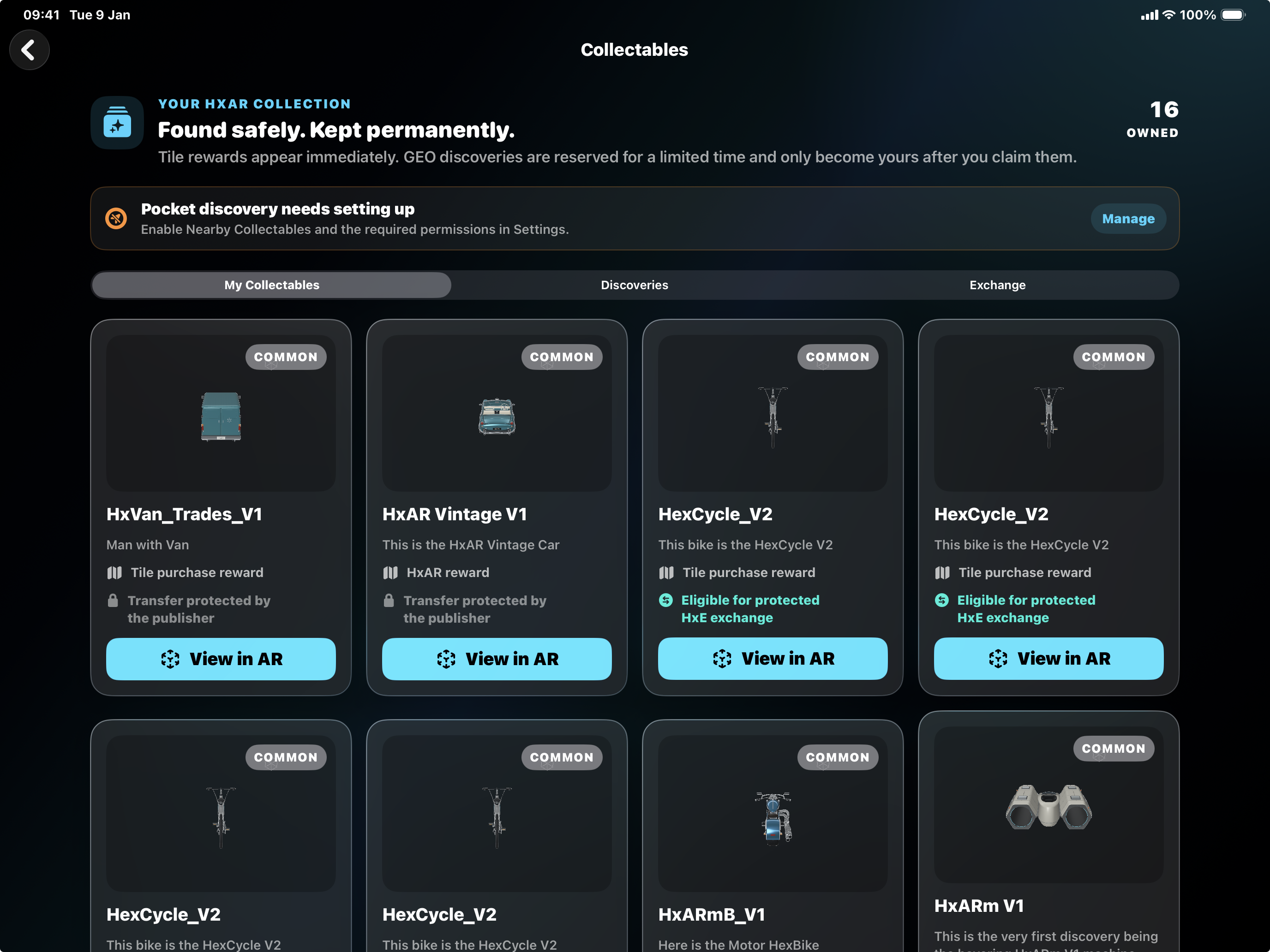 My Collectables on iPad showing 16 owned items, including a van, vintage car, HexCycle bikes and a motorbike, with rarity labels, reward sources and View in AR buttons.