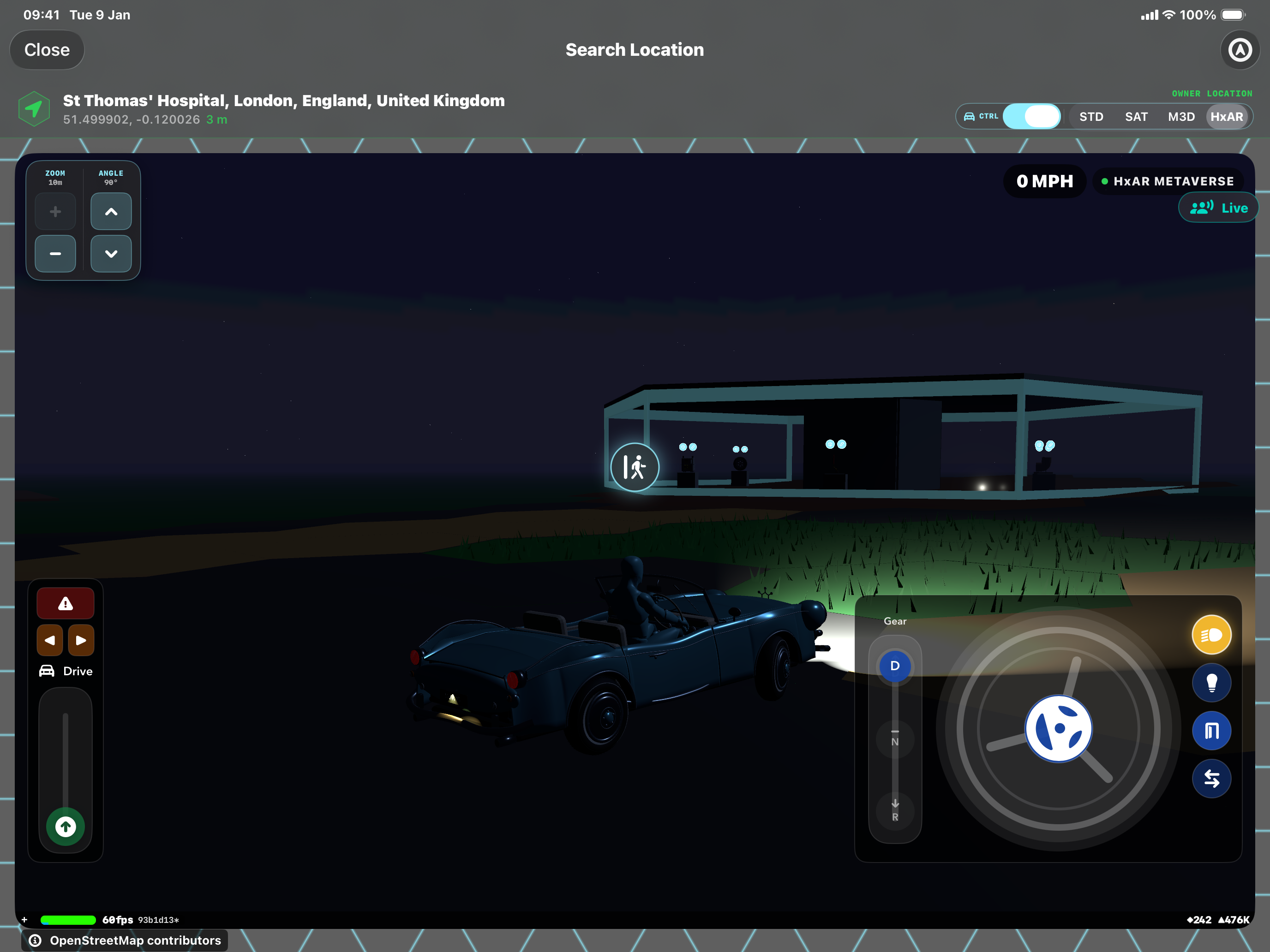An avatar seated in a blue vintage car at night in the HxAR Metaverse, with headlights lighting the ground and the headlight button highlighted.