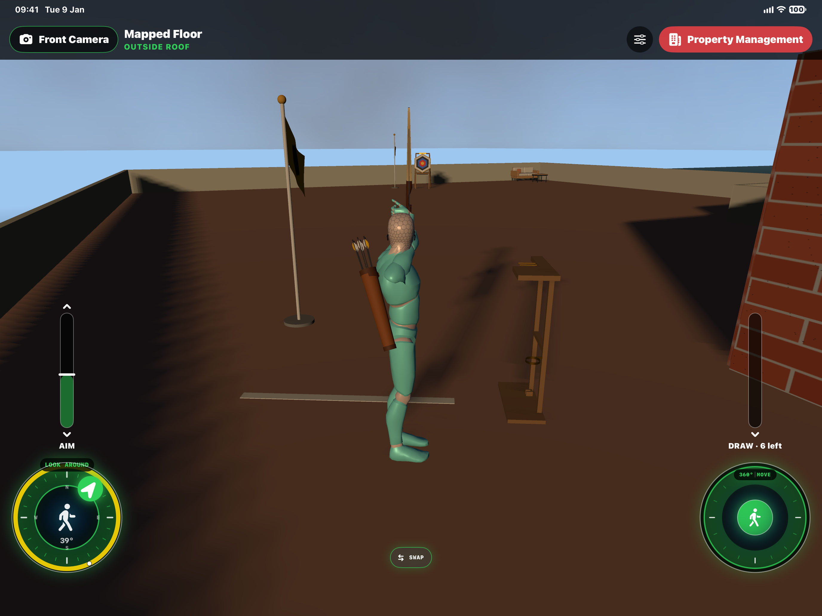 HxAR Mapped Floor outside-roof view with an Avatar holding a bow at the Hex Arrow shooting line, a distant hexagonal target, wind flags, bow rack, AIM and DRAW controls, and a yellow fine-aim ring around LOOK AROUND.