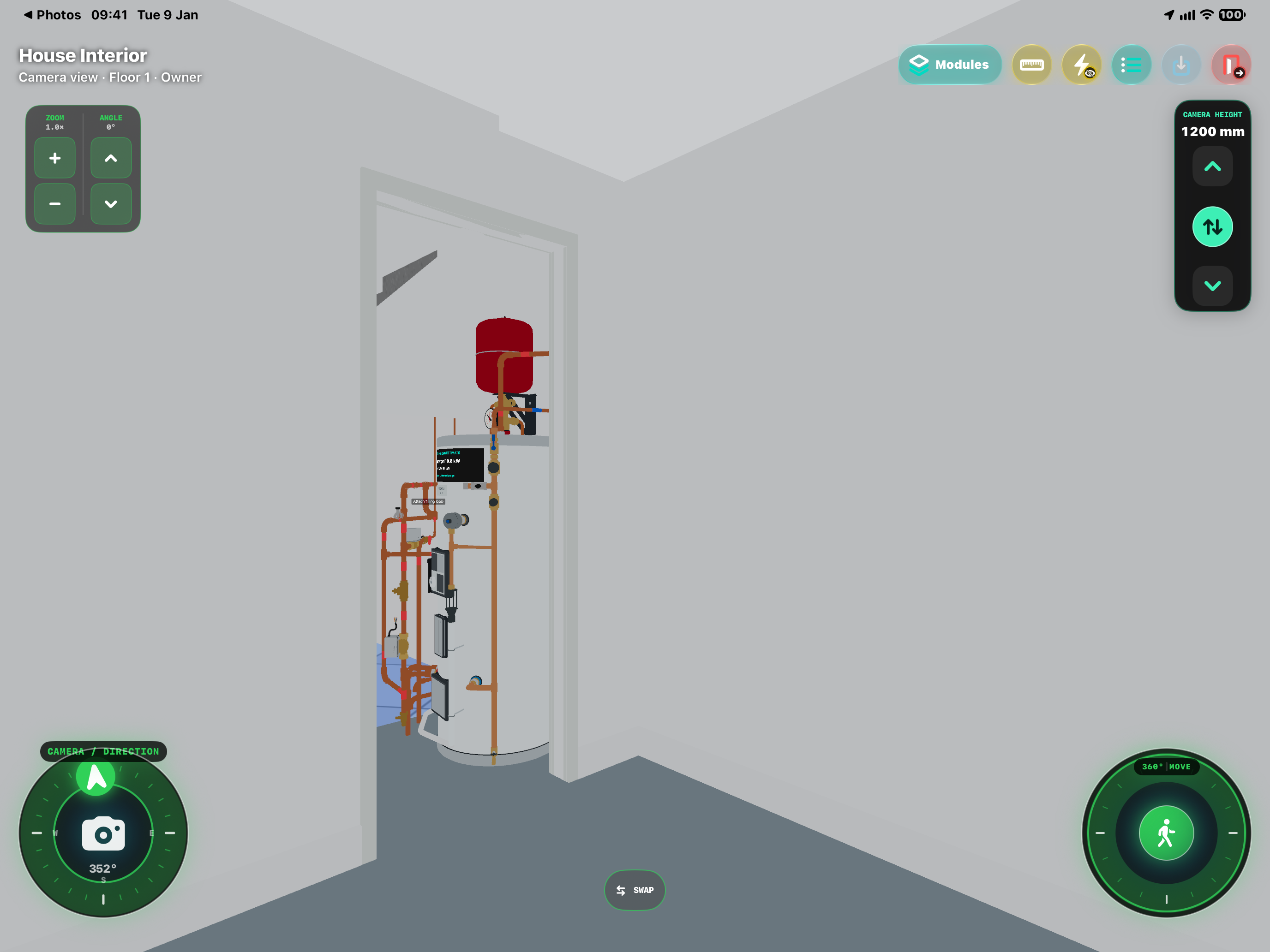 HxAR House Interior on Floor 1 showing a hot-water cylinder and its visible assembly through a doorway, with the surrounding wall and floor pipework concealed.