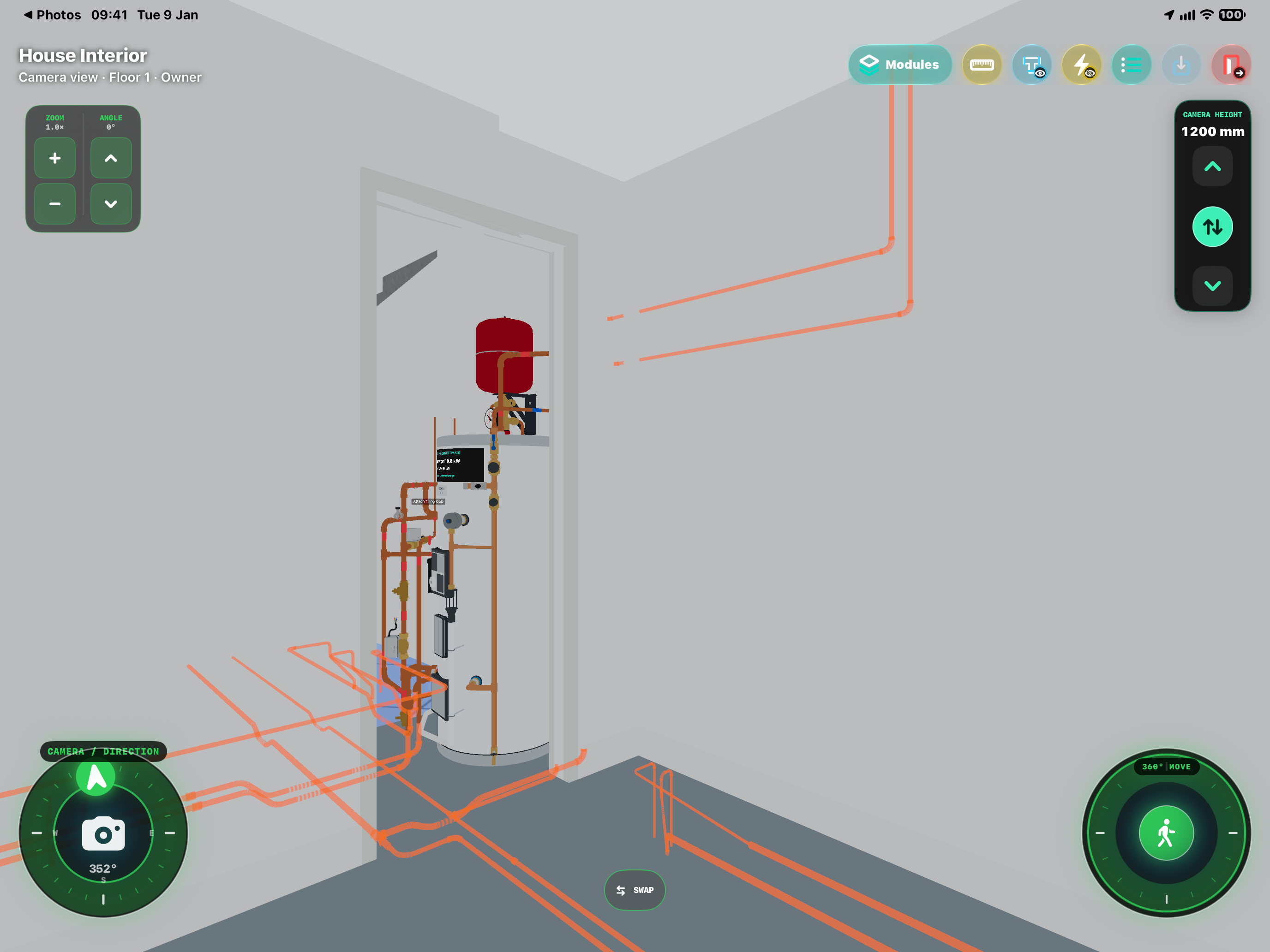 The same HxAR cylinder view with Plumbing visibility enabled, revealing highlighted pipe routes through the wall and floor around the hot-water cylinder.