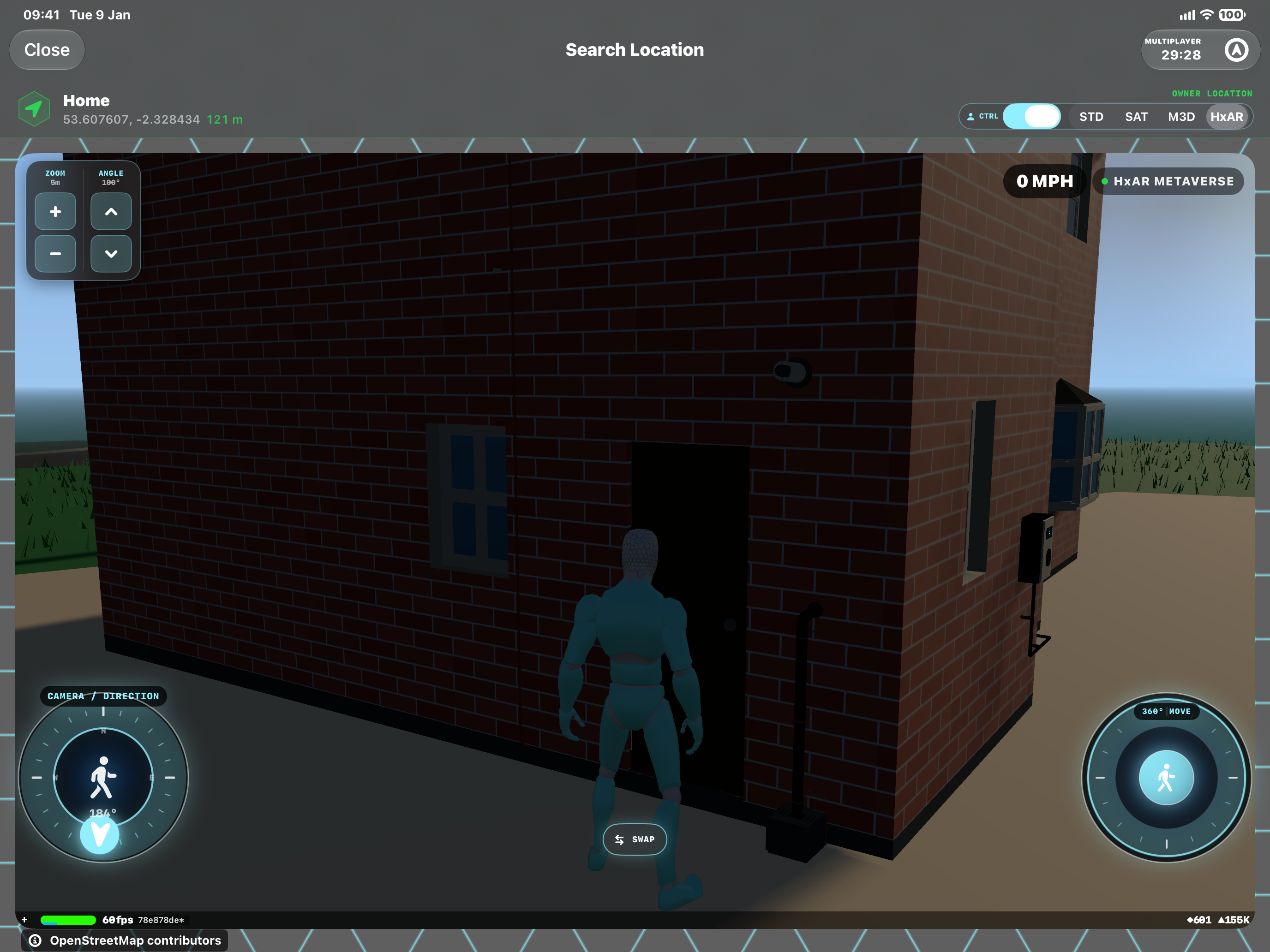HxAR Metaverse exterior view of a brick house with a wall terminal above the entrance area, external pipework and a ground-level drainage feature.