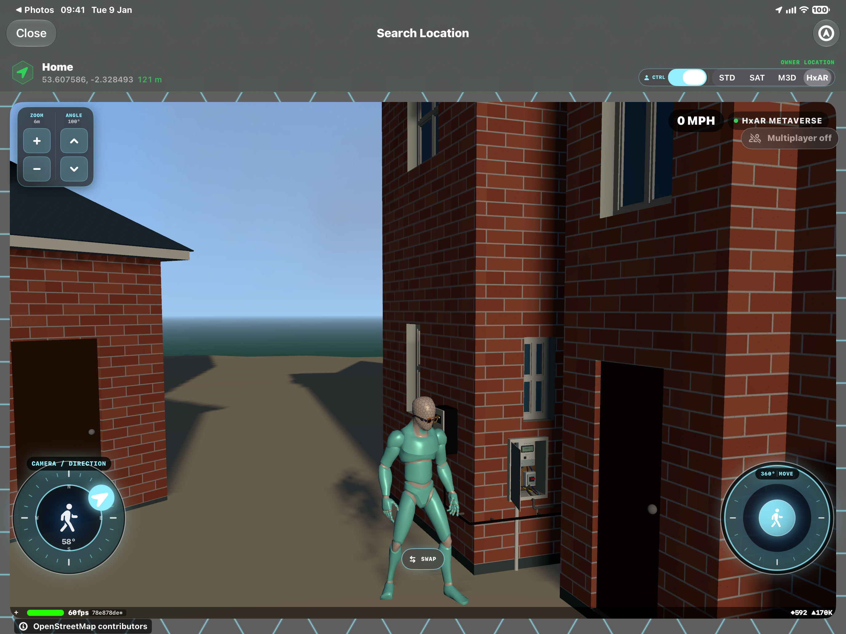 HxAR Metaverse exterior view of a brick house with an Avatar beside meter cabinets and service pipework near the entrance.