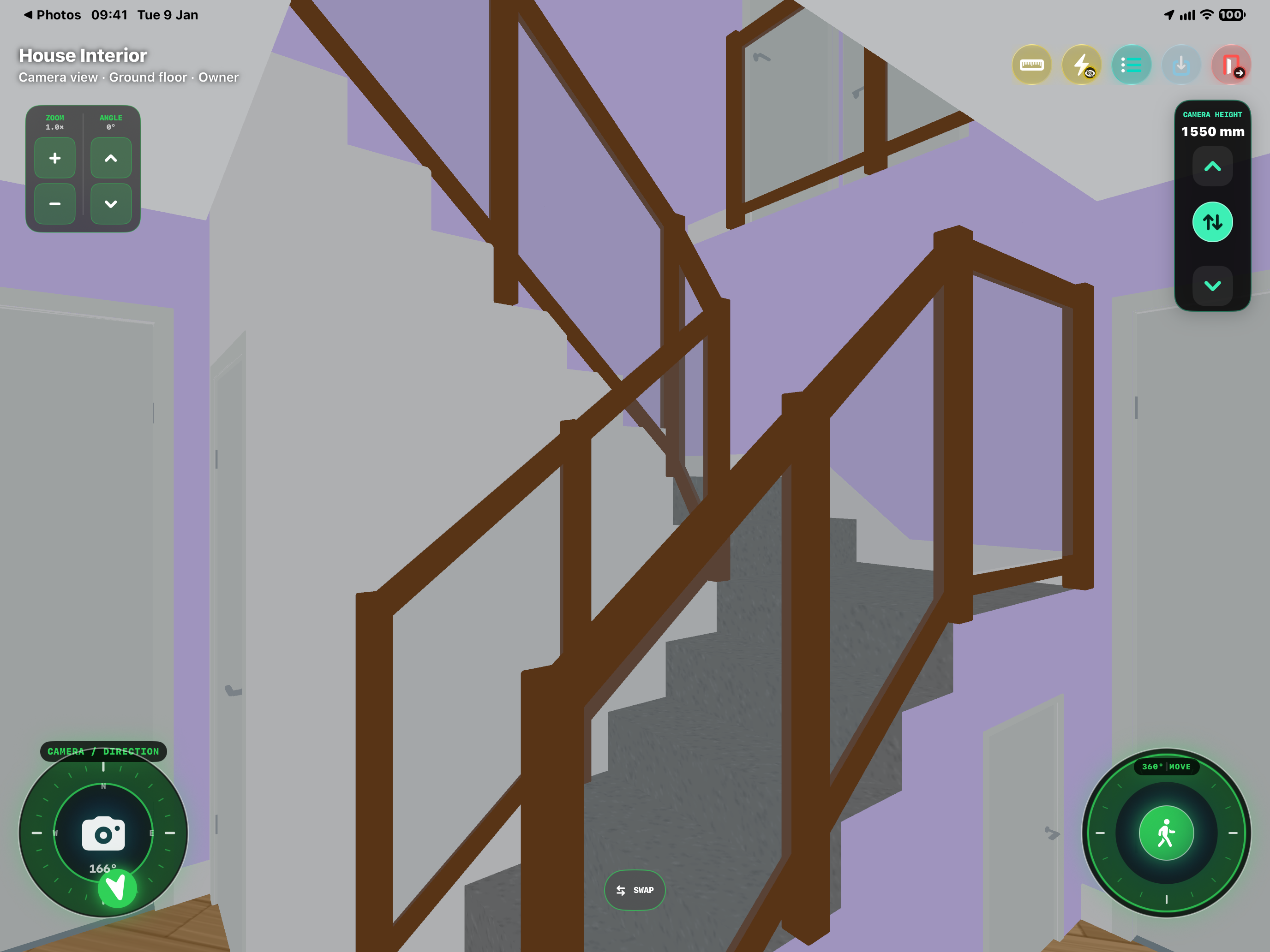 HxAR House Interior in Camera view on the ground floor, showing a staircase with wooden and glass balustrades, doors, movement dials and camera height controls.