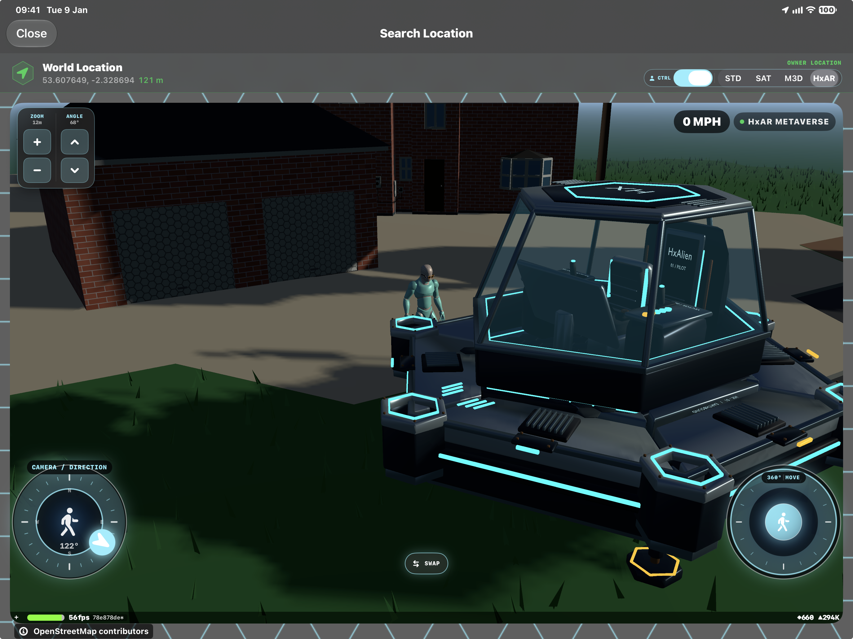 HxAR Metaverse showing a brick house and garage behind an Avatar and a parked HxAlien ship, with walking controls visible.