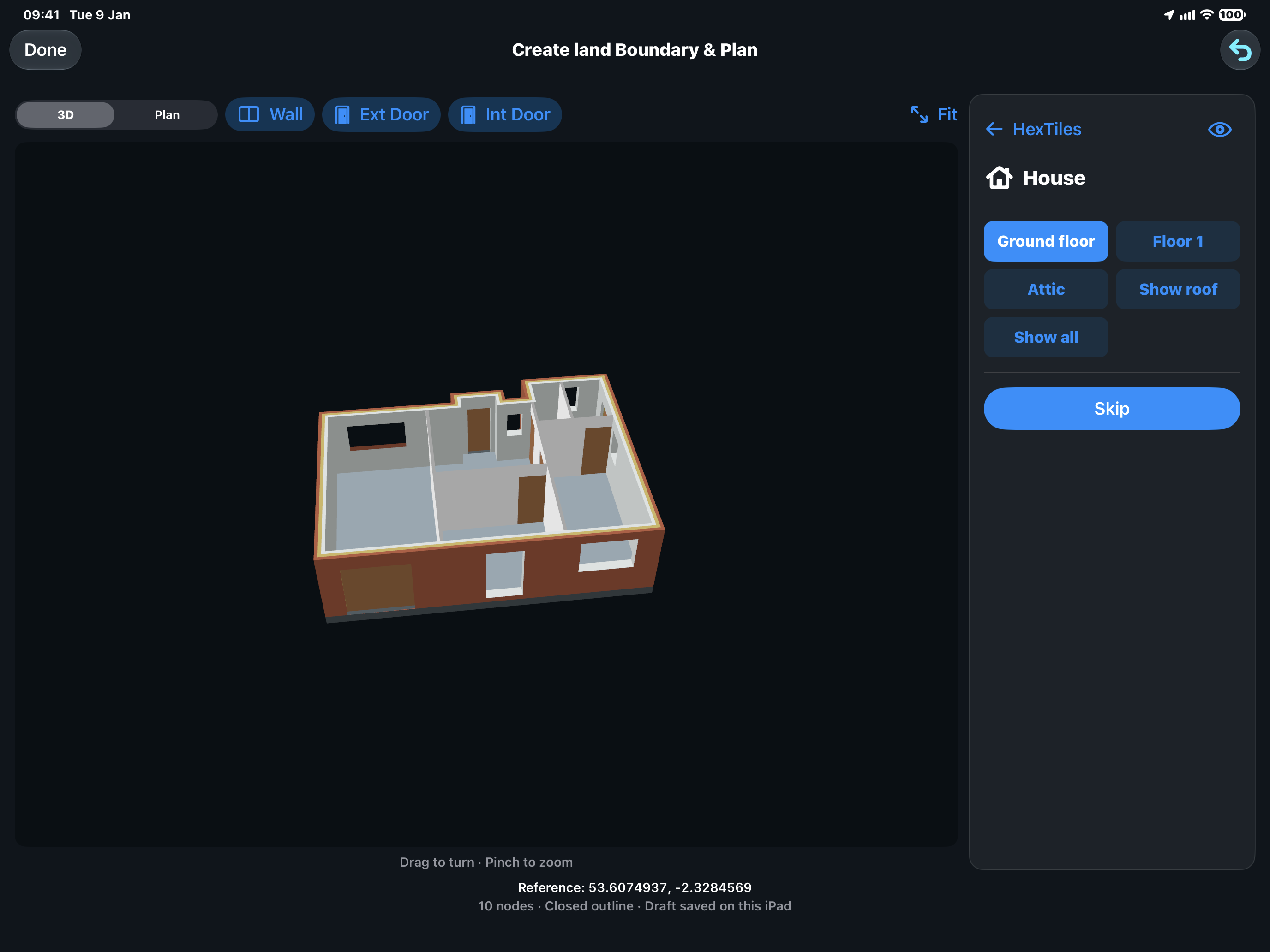 HxAR House Plan 3D editor showing a house ground floor with partition walls and doors, the Wall, Ext Door and Int Door tools, floor selectors and Skip.