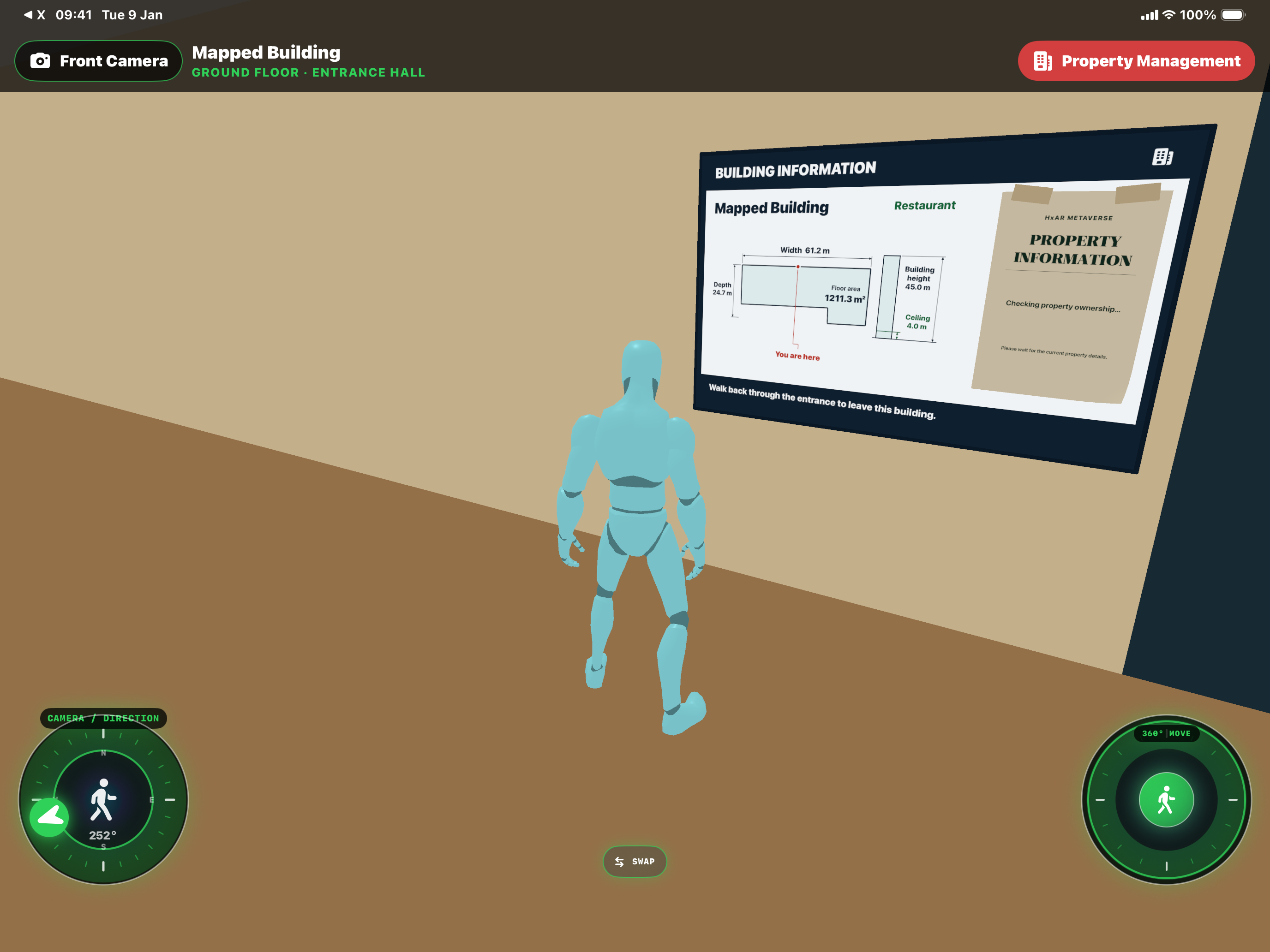 Avatar inside a mapped building facing a BUILDING INFORMATION board with a measured floor plan, a You are here marker and a paper notice reading Checking property ownership.